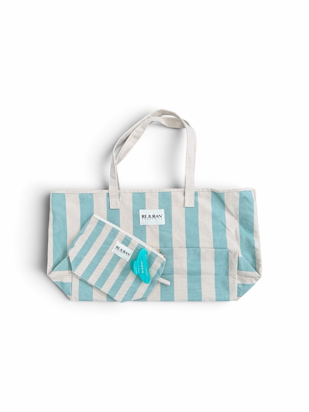 Rejuran Striped Canvas Tote Bag, Pouch, Hair Claws & Clips in Aqua and Cream